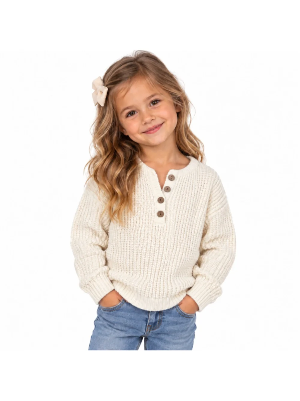Girl's Waffle Knit V-Neck Button Pullover Sweater–Off White–Approx Size 5–NWOT
